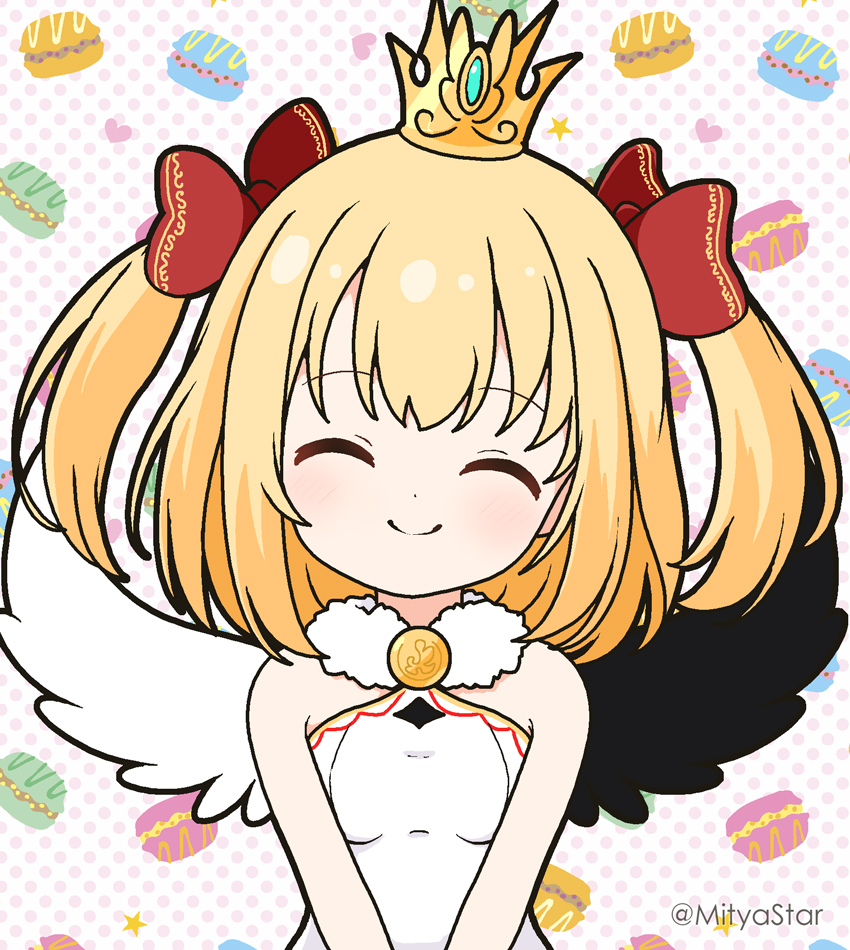 1girl ^_^ bare_shoulders black_wings blonde_hair bow breasts closed_eyes closed_mouth commentary_request crown dress facing_viewer hair_bow heart marl_(shironeko_project) mini_crown mismatched_wings mitya polka_dot polka_dot_background red_bow shironeko_project small_breasts smile solo twitter_username two_side_up upper_body white_background white_dress white_wings wings