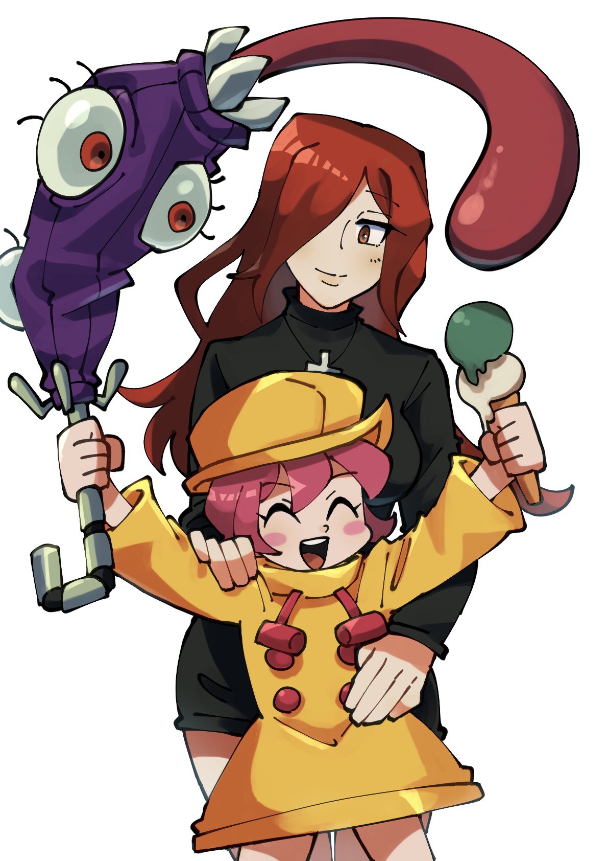 2girls blush brown_eyes cross cross_necklace dress food hair_over_one_eye happy height_difference highres holding holding_food holding_ice_cream holding_umbrella hungern_(skullgirls) ice_cream jewelry multiple_girls necklace oushiza_towel parasoul_(skullgirls) pink_hair red_eyes red_hair sharp_teeth skullgirls smile sweater teeth tongue turtleneck turtleneck_sweater umbrella umbrella_(skullgirls) yellow_dress yuri
