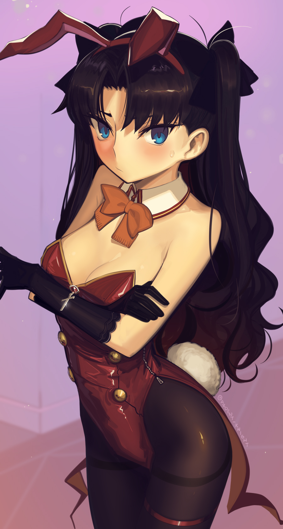 1girl animal_ears black_bow black_gloves black_hair black_pantyhose blue_eyes blush boa_(brianoa) bow bowtie breasts cleavage detached_collar english_commentary fake_animal_ears fake_tail fate/stay_night fate_(series) gloves hair_bow highres leotard long_hair looking_at_viewer medium_breasts pantyhose playboy_bunny rabbit_ears rabbit_tail red_bow red_bowtie red_leotard solo sweatdrop tail thigh_strap tohsaka_rin twintails