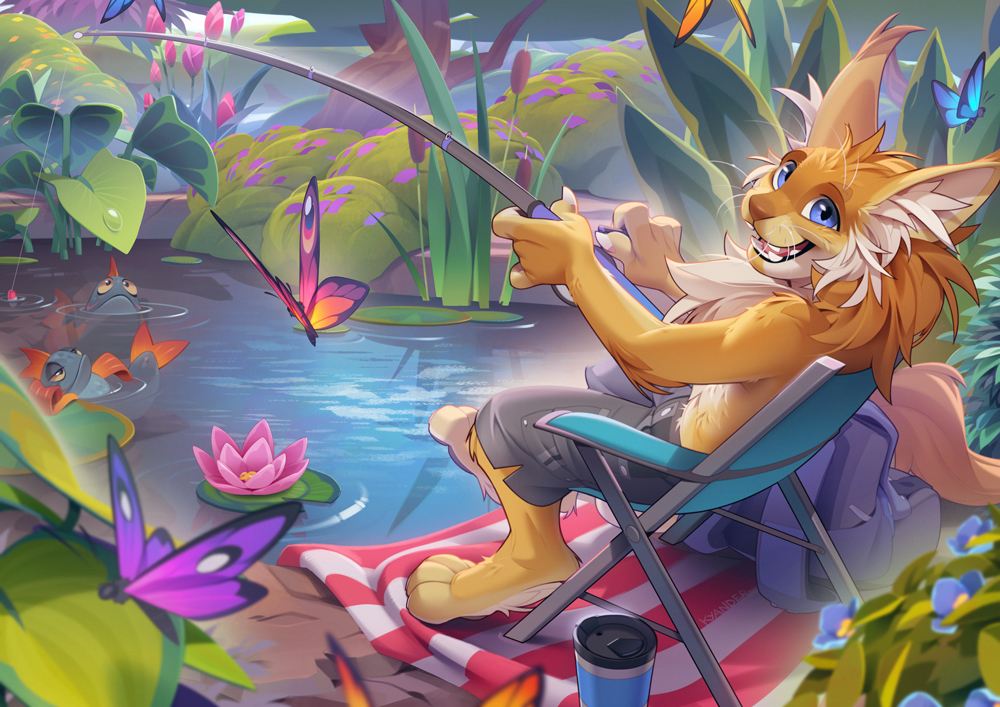 2023 4_toes 5_fingers anthro blue_eyes clothed clothing day detailed_background digital_media_(artwork) digitigrade feet felid feline fingers kyander lynx male mammal open_mouth outside shirtless smile teeth toes tongue water