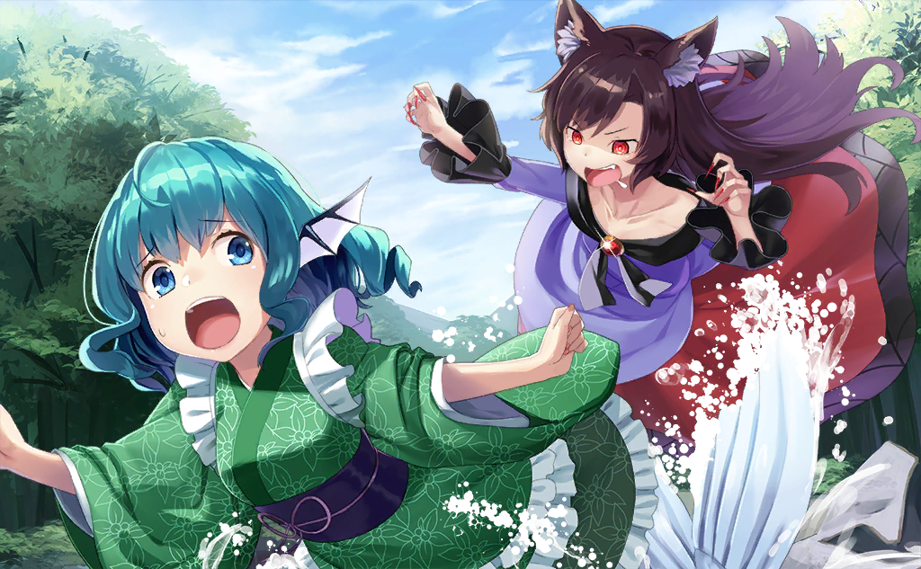 2girls animal_ear_fluff animal_ears black_scarf black_trim blue_eyes blue_hair blue_sky blue_tail brown_hair chasing clenched_hands cloud dress eyelashes fang fingernails fins fleeing floral_print frilled_kimono frilled_sleeves frills game_cg gem green_kimono head_fins imaizumi_kagerou japanese_clothes kimono long_dress long_hair long_sleeves loose_hair_strand mermaid monster_girl multiple_girls obi off-shoulder_dress off_shoulder official_art open_mouth outdoors purple_sash raised_eyebrows red_dress red_eyes red_gemstone red_nails rock sash scarf sharp_fingernails short_hair sky splashing teeth third-party_source tokumaro touhou touhou_cannonball tree two-tone_dress upper_teeth_only v-shaped_eyebrows wakasagihime water_drop wavy_hair werewolf white_dress wolf_ears