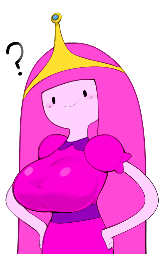 2023 adventure_time big_breasts blush breasts bulumble-bee candy_people_(at) cartoon_network clothed clothing crown female food food_creature food_humanoid hair half-length_portrait hands_on_hips headgear humanoid long_hair pink_body pink_hair pink_skin portrait princess_bubblegum purple_clothing question_mark sash simple_background simple_eyes smile solo white_background