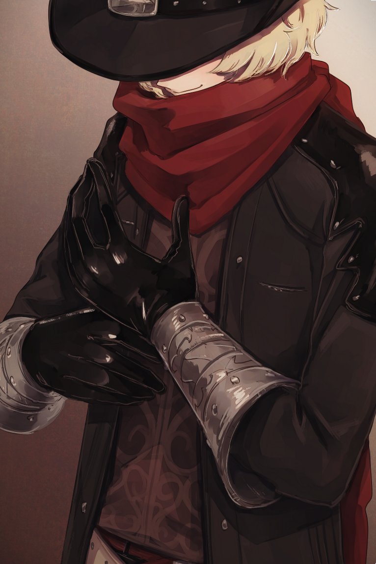 1boy billy_the_kid_(fate) black_gloves black_headwear blonde_hair bob_cut brown_background brown_vest cowboy cowboy_hat fate/grand_order fate_(series) gloves hat jacket leather leather_jacket male_focus red_scarf scarf shinkai_kiiro short_hair simple_background smile solo upper_body vest