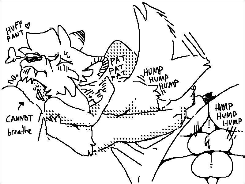 &lt;3 anal anon anthro balls balls_on_balls bottomless bottomless_anthro bottomless_human bottomless_male breath canid canine canis clothed clothing conner_(sketchytoasty) digital_drawing_(artwork) digital_media_(artwork) dipstick_ears dry_humping duo english_text eyes_closed frottage fur genitals human interspecies male male/male mammal multicolored_ears on_another penis sex sketch sketchytoasty smothering tail tail_motion tailwag text wolf