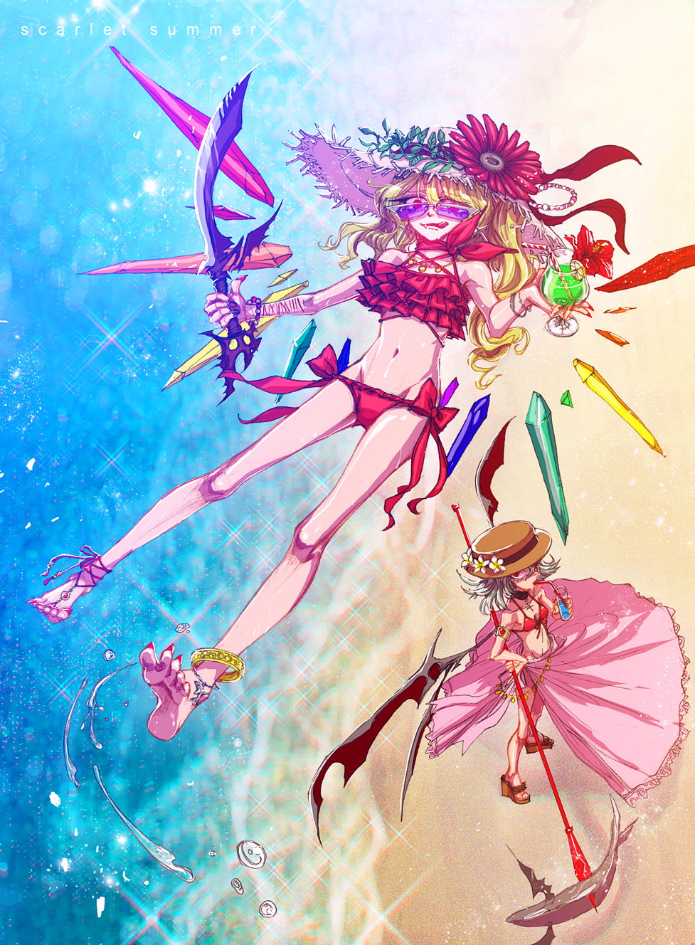 2girls alternate_costume barefoot beach bikini blonde_hair breasts brown_headwear cocktail commentary_request cross cross_necklace crystal demon_wings drinking_straw fang fingernails flandre_scarlet flat_chest flower flying frilled_bikini frills from_above full_body grey_hair hat hat_flower hibiscus highres holding holding_scythe holding_sword holding_weapon jewelry lastdark long_hair looking_at_viewer medium_bangs multiple_girls navel necklace ocean open_mouth pink_headwear pink_skirt purple-tinted_eyewear red_bikini red_eyes red_flower red_nails red_wings remilia_scarlet sand sarong scythe self-harm_scar sharp_fingernails sharp_toenails shiny_skin short_hair siblings sisters skirt small_breasts soles sparkle standing sun_hat sunglasses swimsuit sword tinted_eyewear toenails touhou water weapon white_flower wings