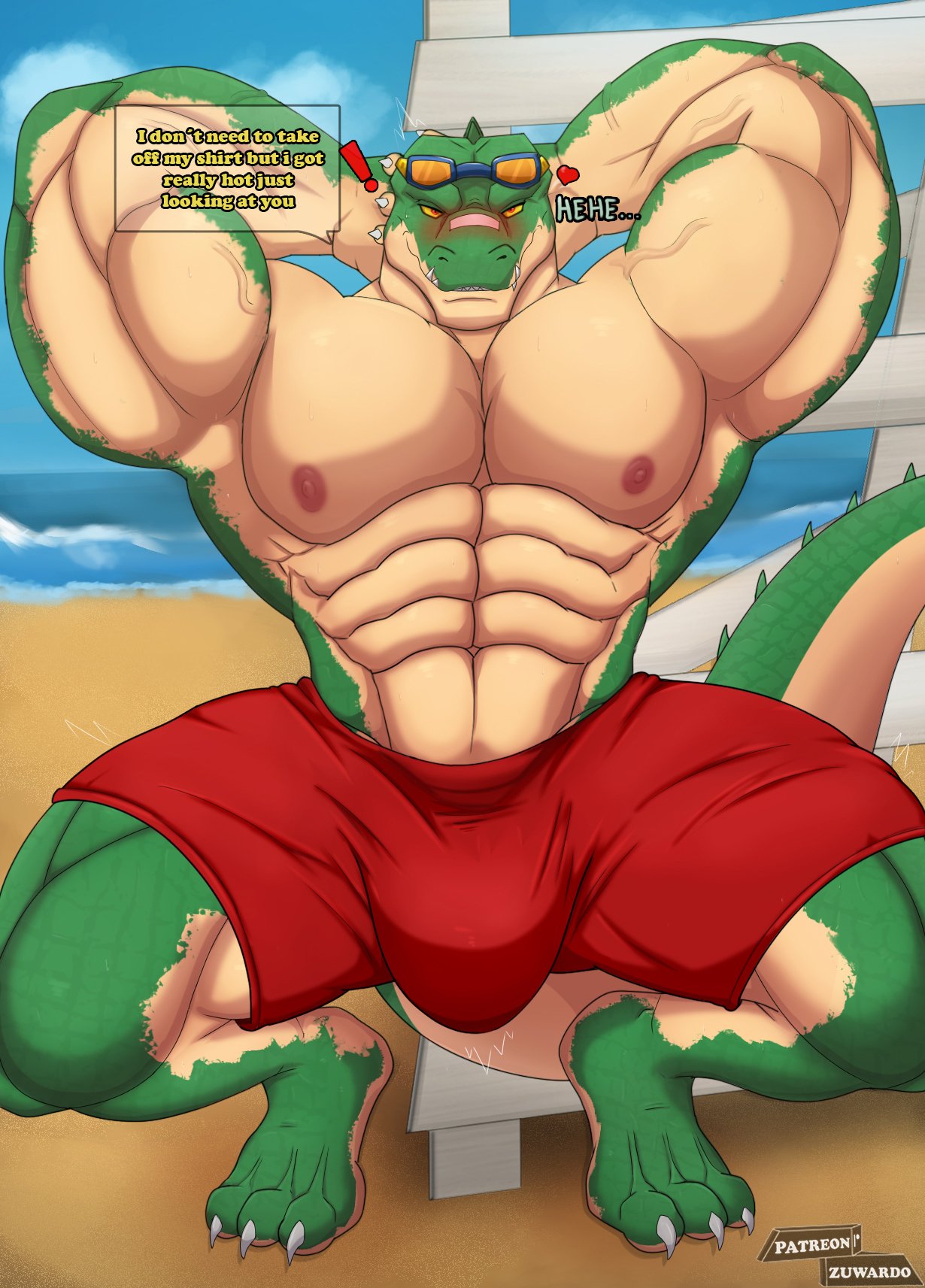 &lt;3 abs anthro beach biceps big_bulge big_muscles blush bottomwear bulge clothed clothing crocodile crocodilian crocodylid crouching exclamation_point hands_behind_head hi_res humanoid league_of_legends looking_at_viewer male muscular muscular_anthro muscular_male nipples pants pecs renekton reptile riot_games scalie seaside smile solo tail text zuwardo