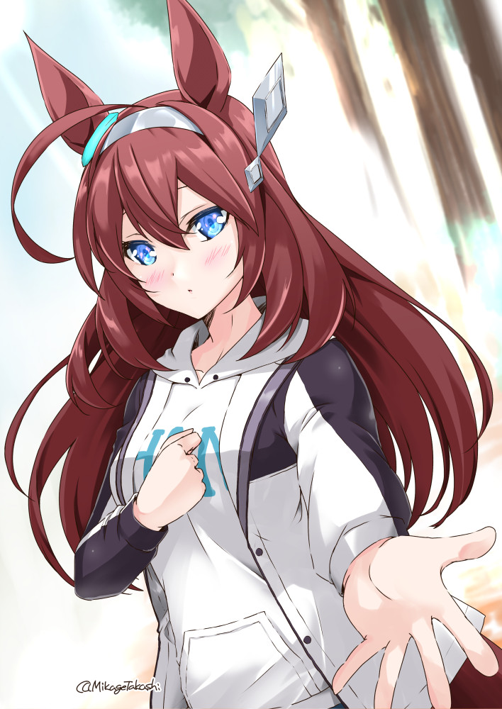1girl ahoge blue_eyes blush breasts brown_hair closed_mouth hair_between_eyes hairband hand_on_own_chest hood hoodie jacket long_hair long_sleeves looking_at_viewer mihono_bourbon_(umamusume) mikage_takashi open_clothes open_jacket outstretched_arm reaching reaching_towards_viewer small_breasts solo tree twitter_username umamusume upper_body white_hoodie