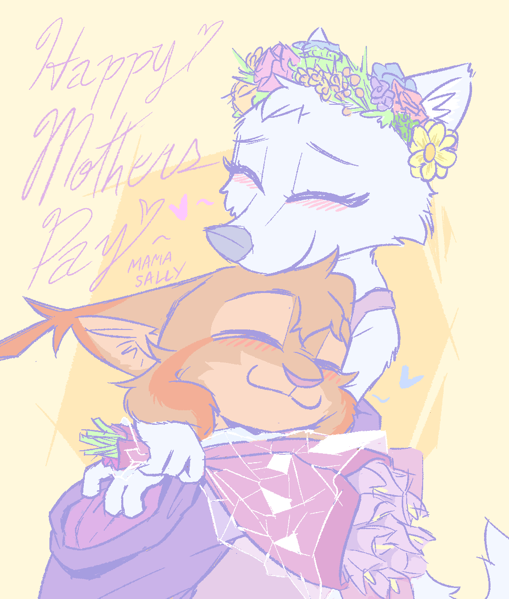 2023 anthro arctic_fox bella_(mamasally) brown_body brown_fur canid canine cheek_tuft clothed clothing digital_media_(artwork) duo embrace eyes_closed facial_tuft felid feline flower flower_crown fox fully_clothed fur hi_res hoodie hug lynx mammal marc_(theblueberrycarrots) plant purple_clothing purple_hoodie purple_topwear theblueberrycarrots topwear tuft white_body white_fur