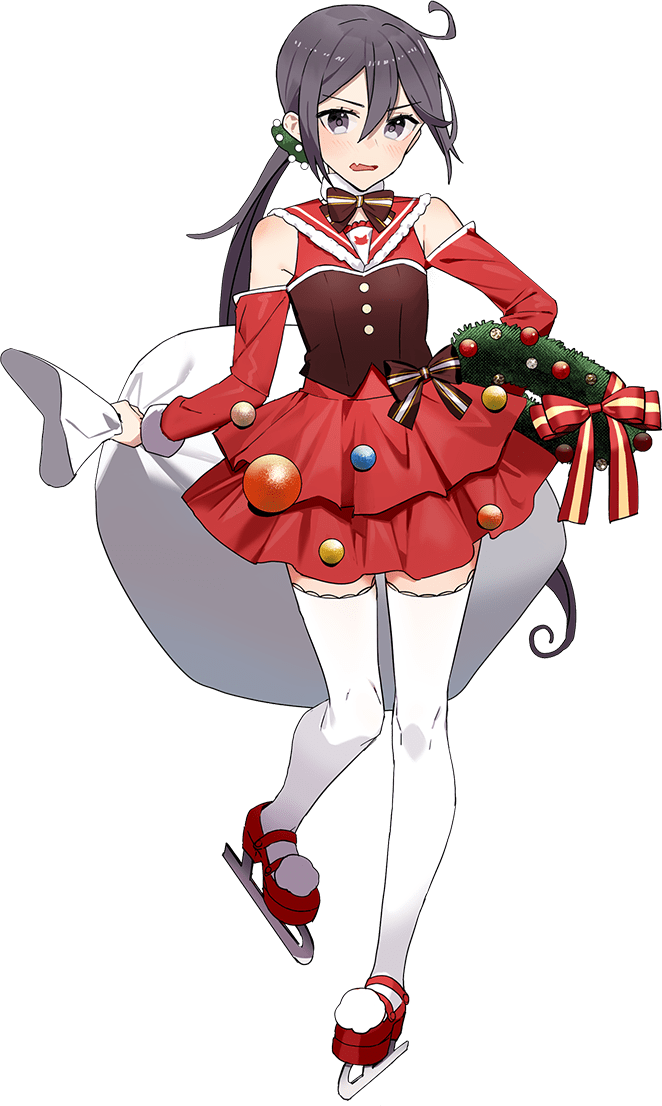 1girl akebono_(kancolle) christmas dress drew_(drew213g) full_body kantai_collection long_hair looking_at_viewer official_art open_mouth red_dress red_skirt sack side_ponytail skate skirt solo thighhighs transparent_background very_long_hair