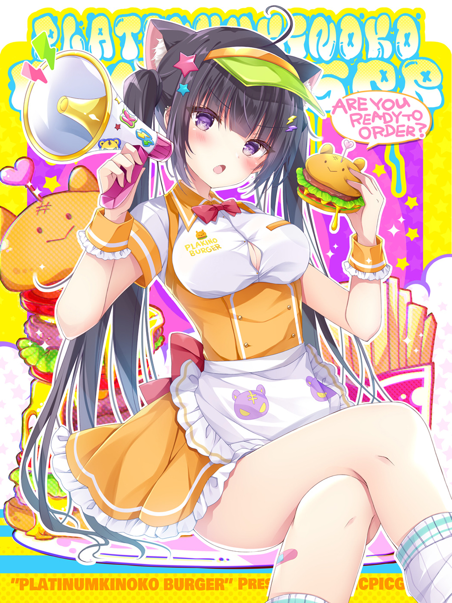 1girl ahoge animal_ear_fluff animal_ears apron black_hair blush bow bowtie breasts burger cat_ears cleavage collared_shirt commentary_request crossed_legs dress dress_shirt fast_food feet_out_of_frame food french_fries frilled_apron frilled_dress frills hair_ornament hands_up head_tilt heart highres holding holding_food holding_megaphone lightning_bolt_symbol long_hair loose_socks medium_breasts megaphone open_mouth orange_dress original picpicgram pleated_dress purple_eyes red_bow red_bowtie shirt short_sleeves sitting socks solo star_(symbol) star_hair_ornament text_background twintails very_long_hair waist_apron white_apron white_shirt white_socks wrist_cuffs
