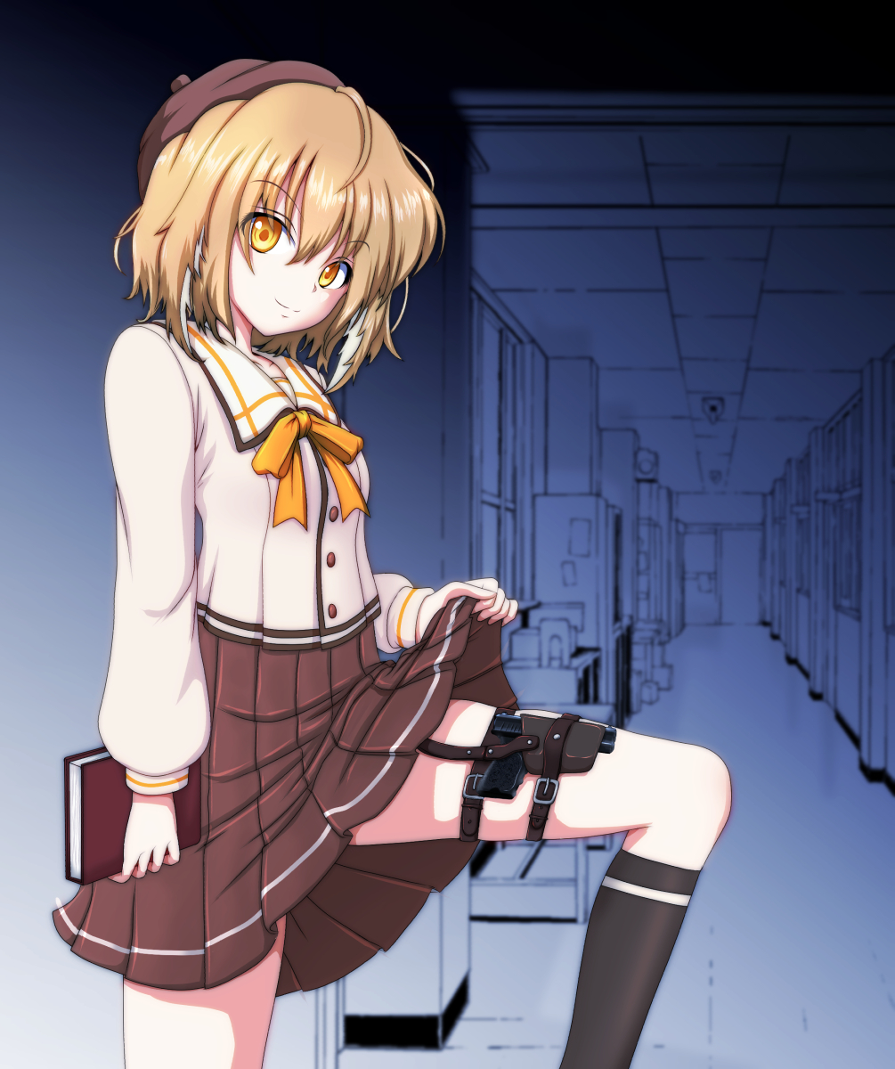 1girl animal_ears animare beret black_socks blonde_hair book bow bowtie breasts brown_headwear brown_skirt buttons closed_mouth clothes_lift collared_shirt commentary_request feet_out_of_frame floppy_ears glock_17 hair_between_eyes hallway hat highres holding holding_book holster inaba_haneru_(animare) indoors kemunpasu_(keeen) lifted_by_self long_bangs long_sleeves looking_at_viewer nanashi_inc. orange_bow orange_bowtie pleated_skirt rabbit_ears rabbit_girl shirt short_hair skirt skirt_lift small_breasts smile socks solo thigh_holster virtual_youtuber white_shirt yellow_eyes