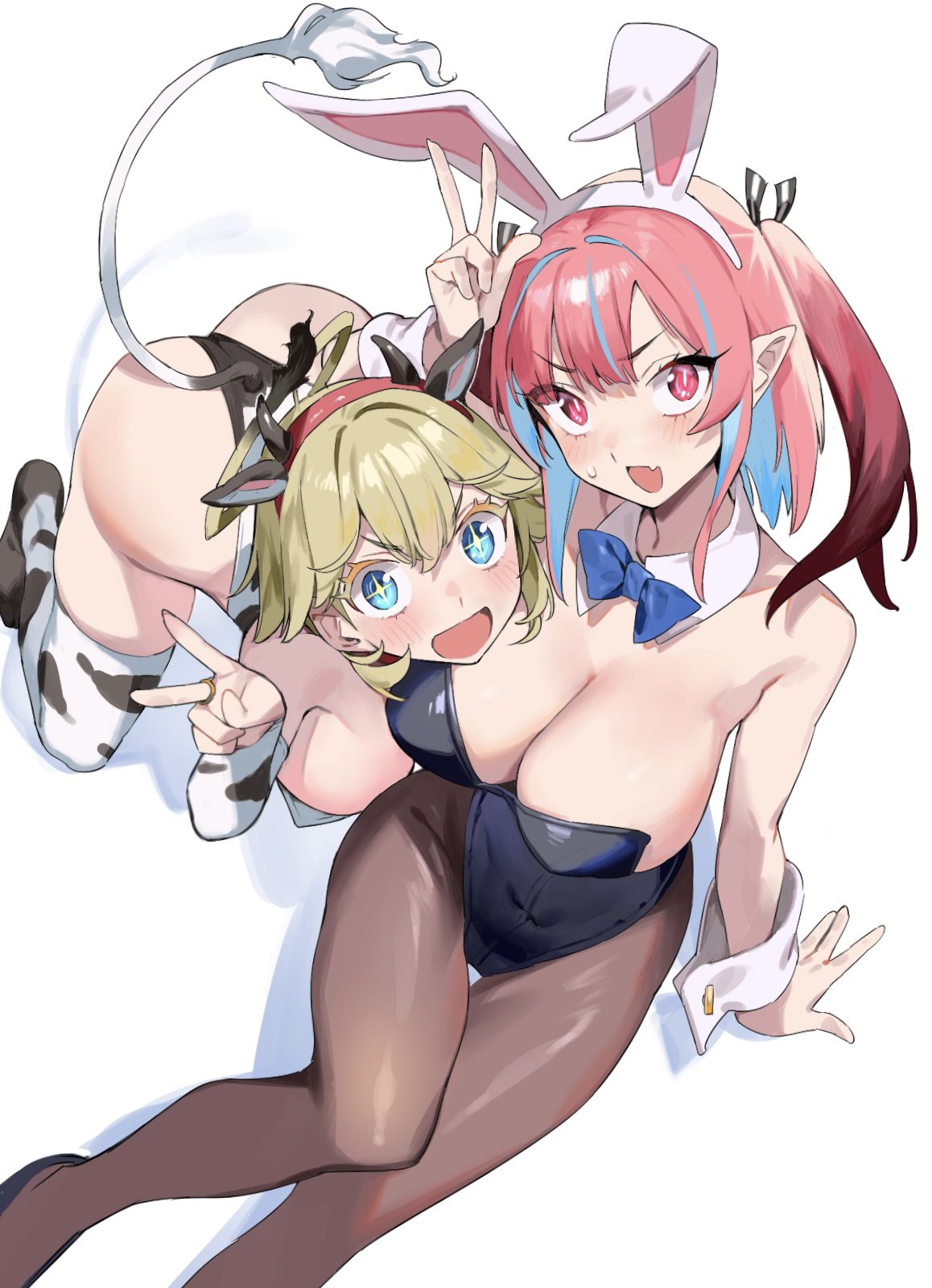 2girls animal_ears animal_print ass black_pantyhose breasts cow_horns cow_print cow_tail detached_collar double_v fake_animal_ears fake_tail from_above highres horns kanan-sama_wa_akumade_choroi kanan_(kanan-sama) large_breasts lillum multiple_girls nonco original pantyhose playboy_bunny rabbit_ears shadow sweatdrop tail twintails v