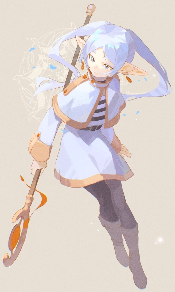 1girl belt belt_buckle blue_eyes blue_petals brown_background brown_footwear buckle capelet dress earrings elf frieren highres holding holding_staff jewelry long_hair long_sleeves mage_staff mohumohu_owl pantyhose pointy_ears simple_background solo sousou_no_frieren staff twintails very_long_hair white_capelet white_dress white_hair wide_sleeves