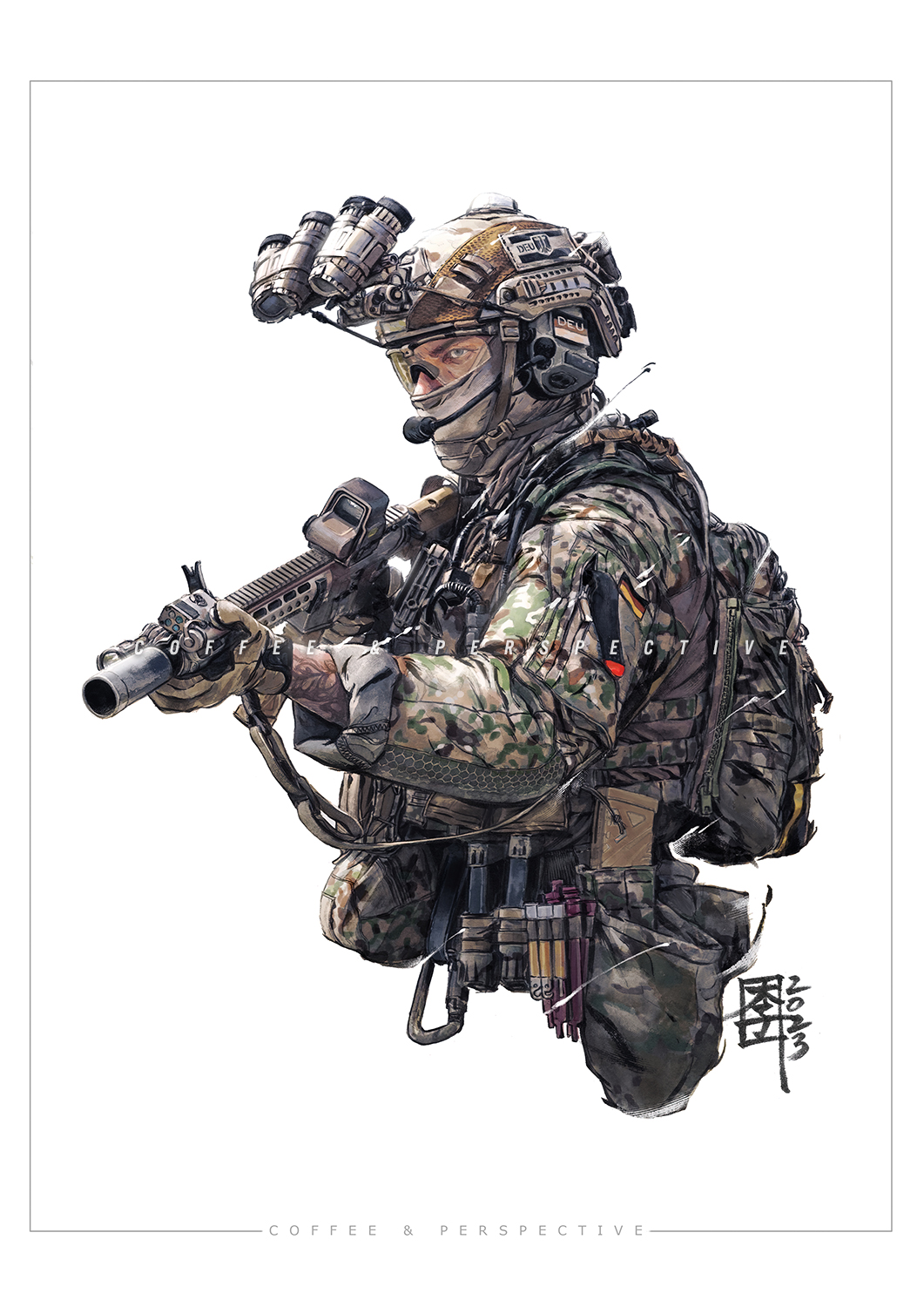 1other 2023 ambiguous_gender ammunition_pouch assault_rifle backpack bag black_gloves body_armor brown_gloves brown_headwear bundeswehr camouflage camouflage_jacket carabiner chin_strap colored_pencil_(medium) combat_helmet commentary covered_face cropped_torso dutch_angle english_commentary english_text facebook_username framed from_side german_army german_commentary german_flag germany gloves glowstick green_jacket grey_eyes grey_mask gun h&amp;k_hk416 headset helmet heraldry highres holding holding_gun holding_weapon jacket kanji latin_commentary load_bearing_equipment load_bearing_vest long_sleeves looking_ahead mar-c! mask microphone military military_jacket military_operator mixed-language_commentary mixed_media multicolored_clothes multicolored_jacket night_vision_device optical_sight original other_focus painting_(medium) patch pen photo-referenced photoshop_(medium) pocket pouch realistic rifle shooting_glasses shoulder_patches signature simple_background sling snap-fit_buckle solo stanag_magazine suppressor tattoo traditional_media triangle two-tone_gloves uniform upper_body watercolor_(medium) watermark weapon white_background zipper
