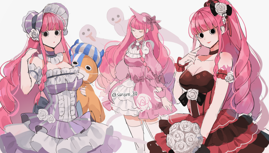 1girl archived_source arm_cuffs black_eyes blunt_bangs bouquet bow braid check_commentary choker closed_eyes commentary_request detached_collar dress drill_hair eyelashes flower frilled_dress frills ghost hair_bow hat high_ponytail holding holding_bouquet joman korean_commentary kumacy looking_at_viewer one_piece perona pink_dress pink_hair purple_dress red_dress ribbon rose simple_background smile strapless strapless_dress stuffed_animal stuffed_toy tattoo thighhighs white_background white_flower white_rose white_thighhighs wrist_cuffs