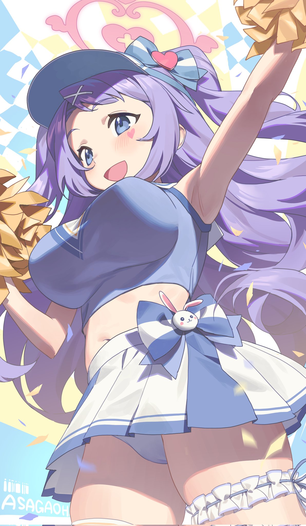 1girl :d airseal arm_up armpits blue_archive blue_eyes blue_headwear blue_shirt blush bow breasts cheerleader crop_top facial_mark from_below hair_ornament halo hanae_(blue_archive) hanae_(cheer_squad)_(blue_archive) heart_halo heart_stickers highres holding holding_pom_poms large_breasts looking_ahead midriff miniskirt navel official_alternate_costume official_alternate_hairstyle open_mouth panties pantyshot pink_halo pleated_skirt pom_pom_(cheerleading) purple_hair purple_panties sailor_collar sailor_shirt shirt shortstack skindentation skirt sleeveless sleeveless_shirt smile solo sticker_on_face striped striped_bow swept_bangs thick_thighs thigh_strap thighs two_side_up underwear visor_cap waist_bow white_sailor_collar white_skirt x_hair_ornament