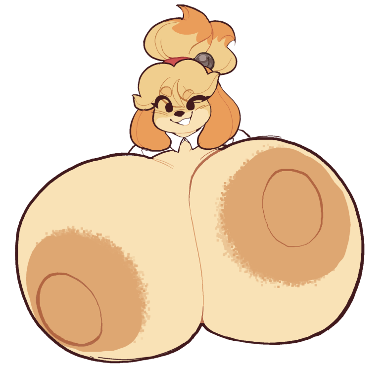 animal_crossing anthro areola big_breasts black_eyes blonde_hair blush breasts brown_areola brown_nipples canid canine canis domestic_dog female hair huge_breasts hyper hyper_breasts iaredumbo isabelle_(animal_crossing) mammal nintendo nipples shih_tzu smile solo toy_dog yellow_body