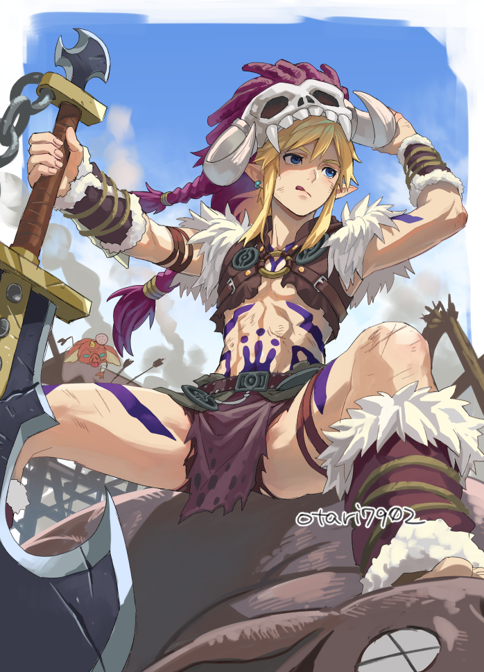 1boy :p after_battle armor arrow_(projectile) axe barbarian_set_(zelda) battle_axe belt blonde_hair blue_eyes blue_sky bodypaint bokoblin boots cropped_vest earrings fake_horns fur-trimmed_boots fur-trimmed_vest fur_trim head_bump helmet holding holding_axe horned_helmet horns indesign injury jewelry leather_armor link male_focus medium_hair official_alternate_costume outdoors planted planted_axe pointy_ears ponytail skull_on_head sky spread_legs the_legend_of_zelda the_legend_of_zelda:_breath_of_the_wild tongue tongue_out twitter_username vest weapon