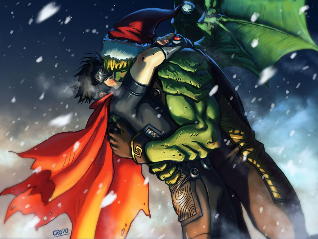2boys alien arms_around_neck bara biceps black_bodysuit black_hair blonde_hair blush bodysuit christmas cloak colored_skin couple cris_art dragon_wings feet_out_of_frame fingerless_gloves forehead_protector gloves green_scales green_skin hand_on_another's_back hat hug hulkling interspecies kiss large_hands leaning_forward male_focus marvel multiple_boys muscular muscular_male mutual_hug red_cloak santa_hat short_hair sideburns snowing snowstorm thick_eyebrows wiccan wind wings yaoi