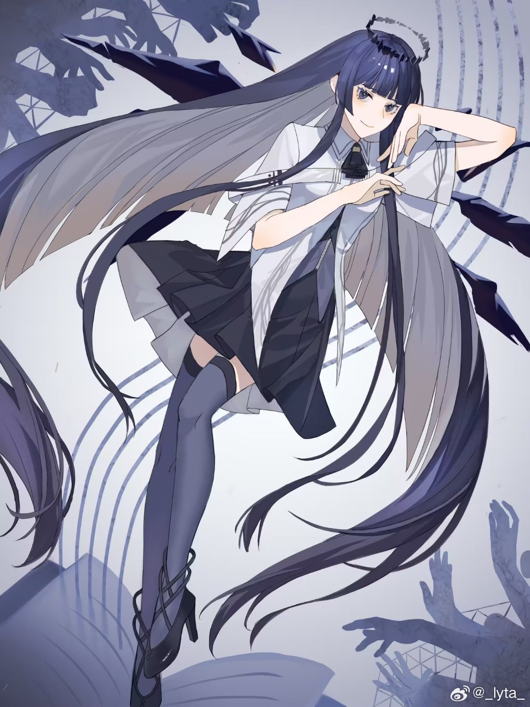 1girl absurdly_long_hair arknights arm_up artist_name ascot balancing belt belt_buckle black_ascot black_bustier black_eyes black_footwear black_hair black_halo black_skirt black_thighhighs black_wings blunt_bangs book breasts broken_halo buckle bustier buttons chinese_commentary chinese_text closed_mouth collared_jacket colored_inner_hair commentary_request dark_halo detached_wings dress_shirt en_pointe energy_wings eyelashes full_body gradient_background grey_background grey_hair grey_shirt grey_skirt halo hands_up high_heels highres hime_cut jacket leg_up long_hair looking_at_viewer lyta miniskirt multicolored_clothes multicolored_hair multicolored_skirt on_book open_book outstretched_hand pale_skin pleated_skirt reaching_towards_another shirt short_sleeved_jacket short_sleeves sidelocks skirt smile solo staff_(music) standing standing_on_one_leg strappy_heels thighhighs tiptoes two-tone_background two-tone_hair two-tone_skirt very_long_hair virtuosa_(arknights) watermark weibo_logo weibo_username white_background white_belt white_jacket wide_sleeves wing_collar wings zettai_ryouiki