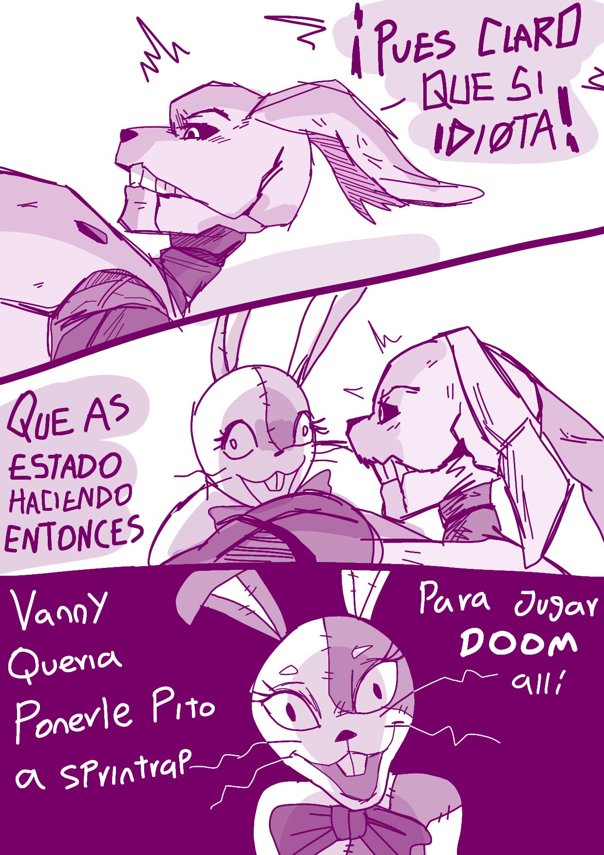 anthro bow_accessory buckteeth comic dialogue duo female five_nights_at_freddy's five_nights_at_freddy's_3 hi_res lagomorph leporid male mammal monochrome rabbit renita_reed scottgames simple_background spanish_text speech_bubble springtrap_(fnaf) teeth text vanny_(fnaf) whiskers white_background
