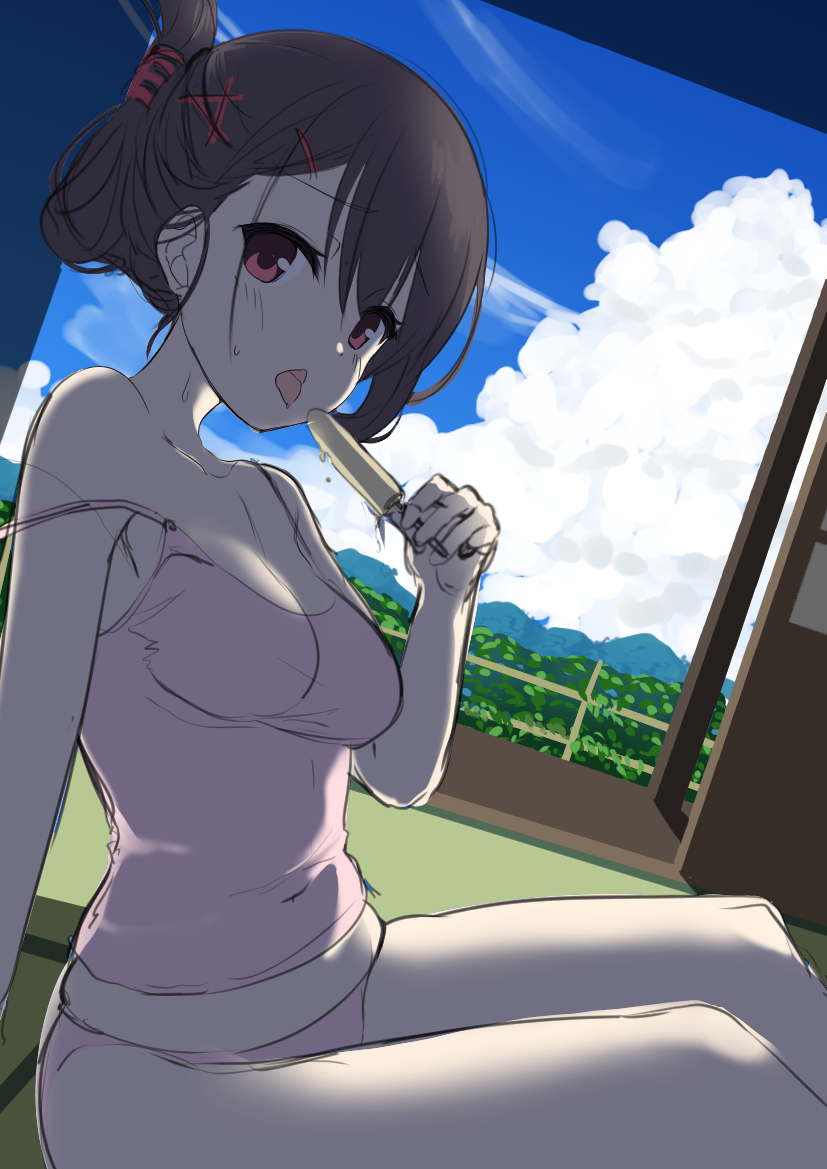 1girl architecture aria. arm_support black_hair blue_sky blush breasts cleavage cloud collarbone covered_navel curvy day dutch_angle east_asian_architecture eyelashes eyes_visible_through_hair food hair_between_eyes hair_ornament hairclip hand_up holding holding_food hot large_breasts looking_at_viewer off_shoulder original panties pink_panties pink_shirt popsicle red_eyes shirt short_ponytail sitting sketch sky sleeveless sleeveless_shirt solo summer sweat tatami tongue tongue_out underwear x_hair_ornament