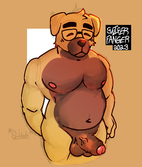 aggretsuko canid canine canis dokachin domestic_dog eyewear foreskin genitals glasses half-erect male male/male mammal musclegut nipples nude penis sanrio scratching_butt solo swiperfanger thick_penis