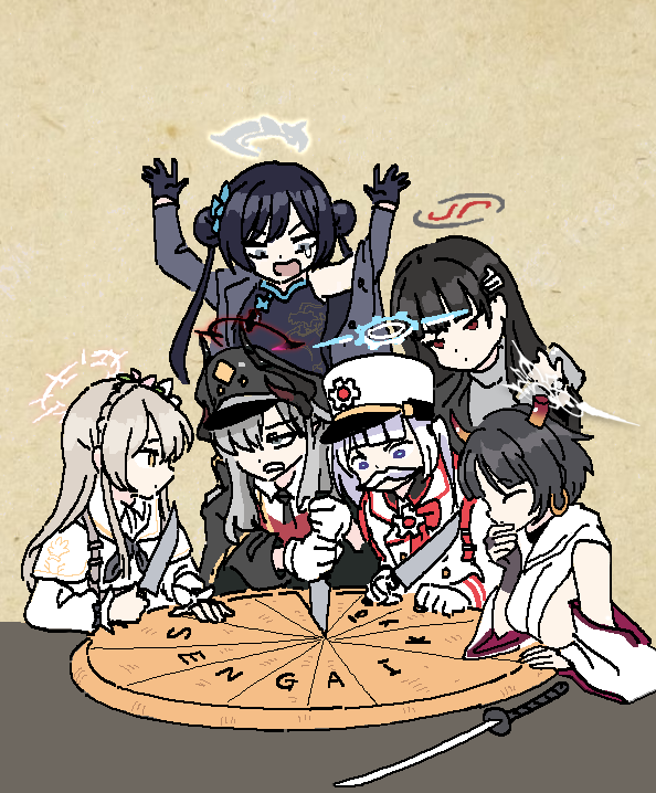 6+girls angry blue_archive cake carving cherino_(blue_archive) english_text fine_art_parody food halo historical_reference_connection katana kisaki_(blue_archive) knife makoto_(blue_archive) multiple_girls nagisa_(blue_archive) name_connection niya_(blue_archive) parody rio_(blue_archive) slicing sword syk weapon