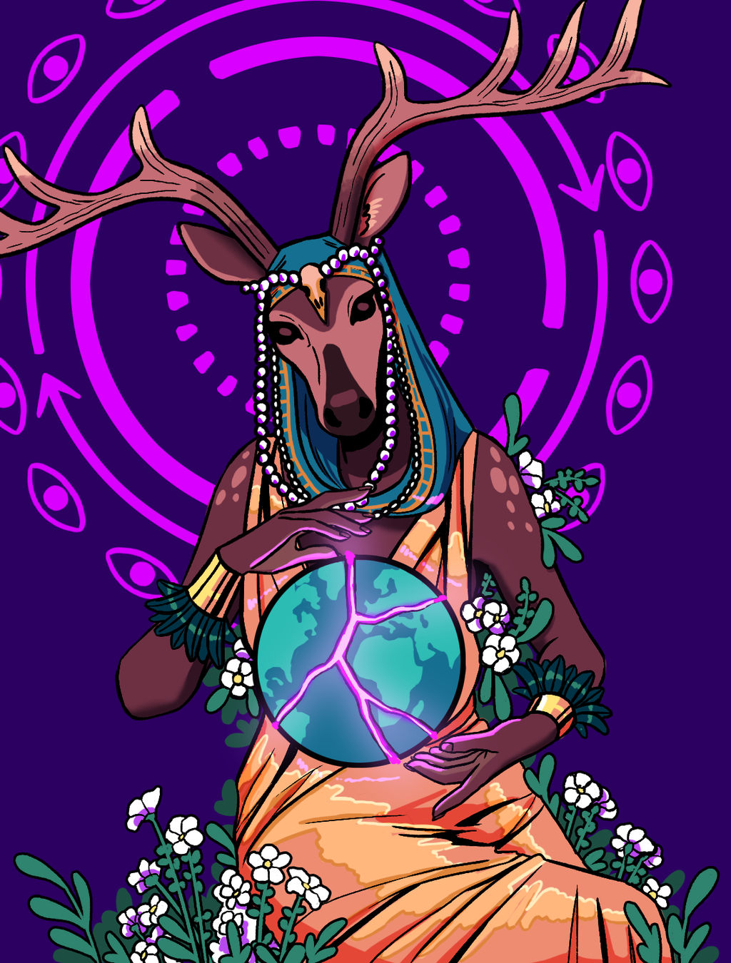 ambiguous_gender anthro antlers armband clothed clothing deer deity earth floating_eyes flower fully_clothed hi_res hood horn humanoid_hands huntokar magic_user mammal nicollerenae plant solo welcome_to_night_vale
