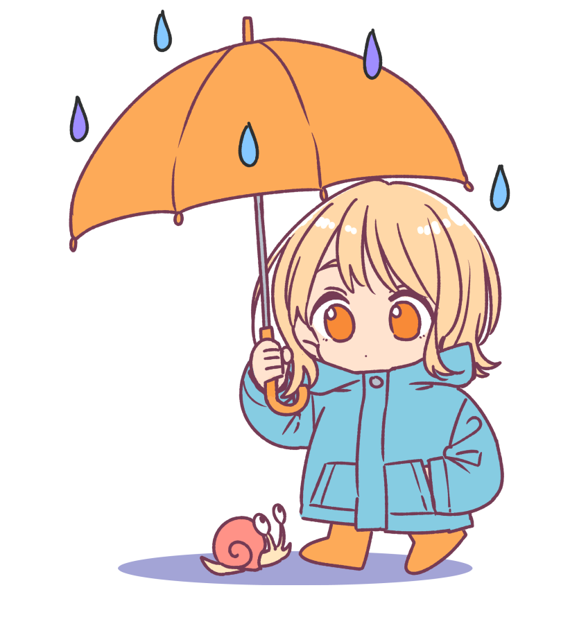 1girl blonde_hair blue_raincoat boots chibi commentary full_body honda_sora kashikaze lonely_girl_ni_sakaraenai medium_hair orange_eyes rain raincoat rubber_boots simple_background snail solo standing transparent_background umbrella