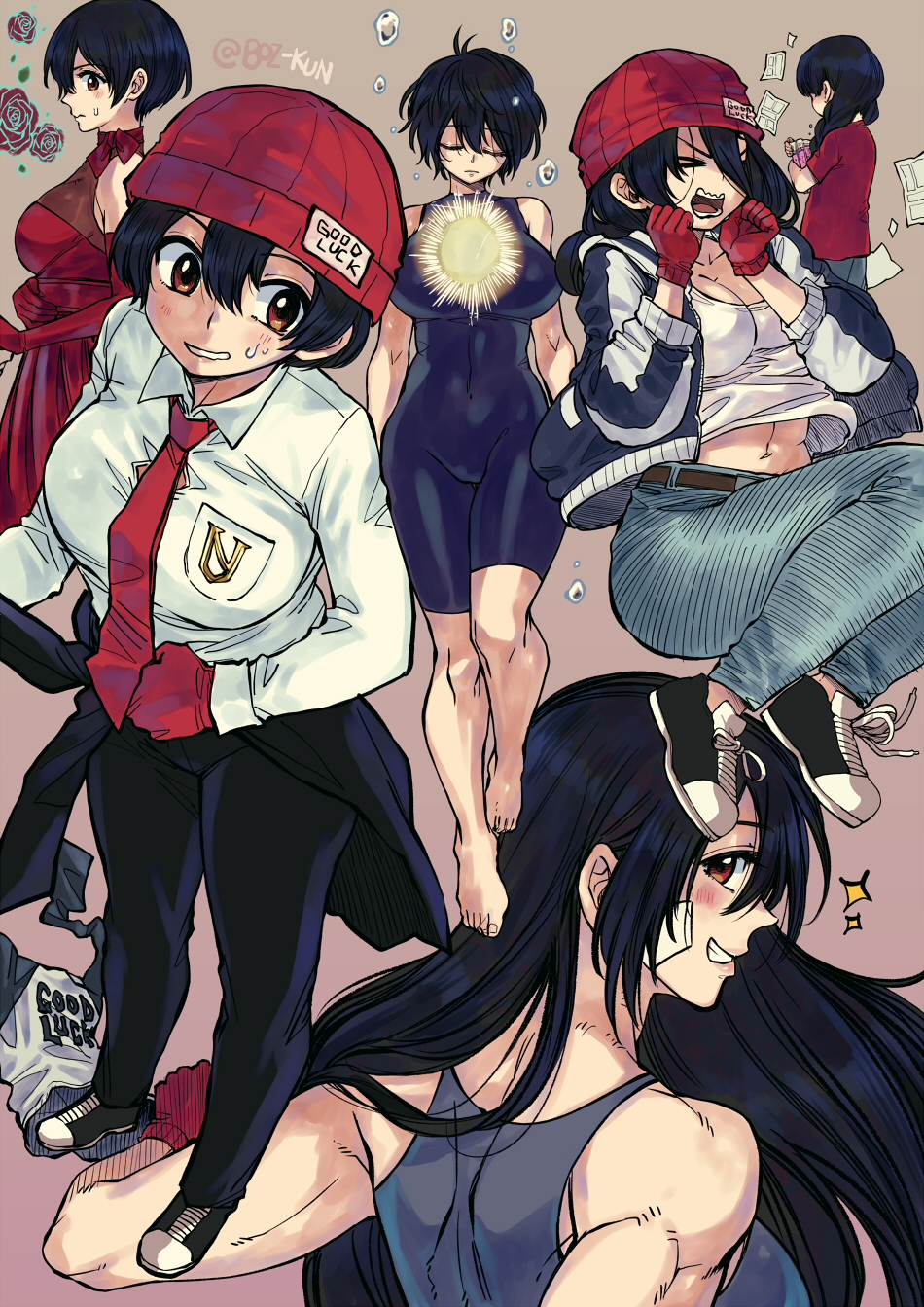 1girl air_bubble beanie belt black_dress black_hair black_pants breasts brown_belt brown_eyes bubble child cleavage closed_eyes closed_mouth clothes_around_waist collared_shirt denim dress elbow_gloves flower gloves hat highres izumo_fuuko jacket jacket_around_waist jeans large_breasts long_hair long_sleeves looking_at_viewer looking_back medium_hair muscular muscular_female necktie open_mouth pants red_dress red_flower red_gloves red_necktie red_rose red_shirt rose rusky shirt shorts smile sweatdrop t-shirt undead_unluck white_shirt