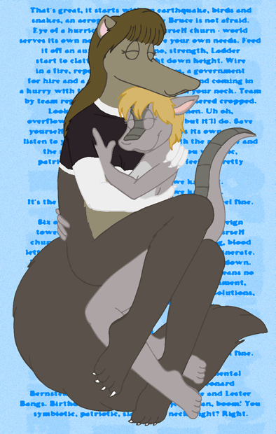 anteater armadillo cuddling emily_(tabbiewolf) female female/female johanna_(tabbiewolf) lyrics mammal pilosan tabbiewolf xenarthran