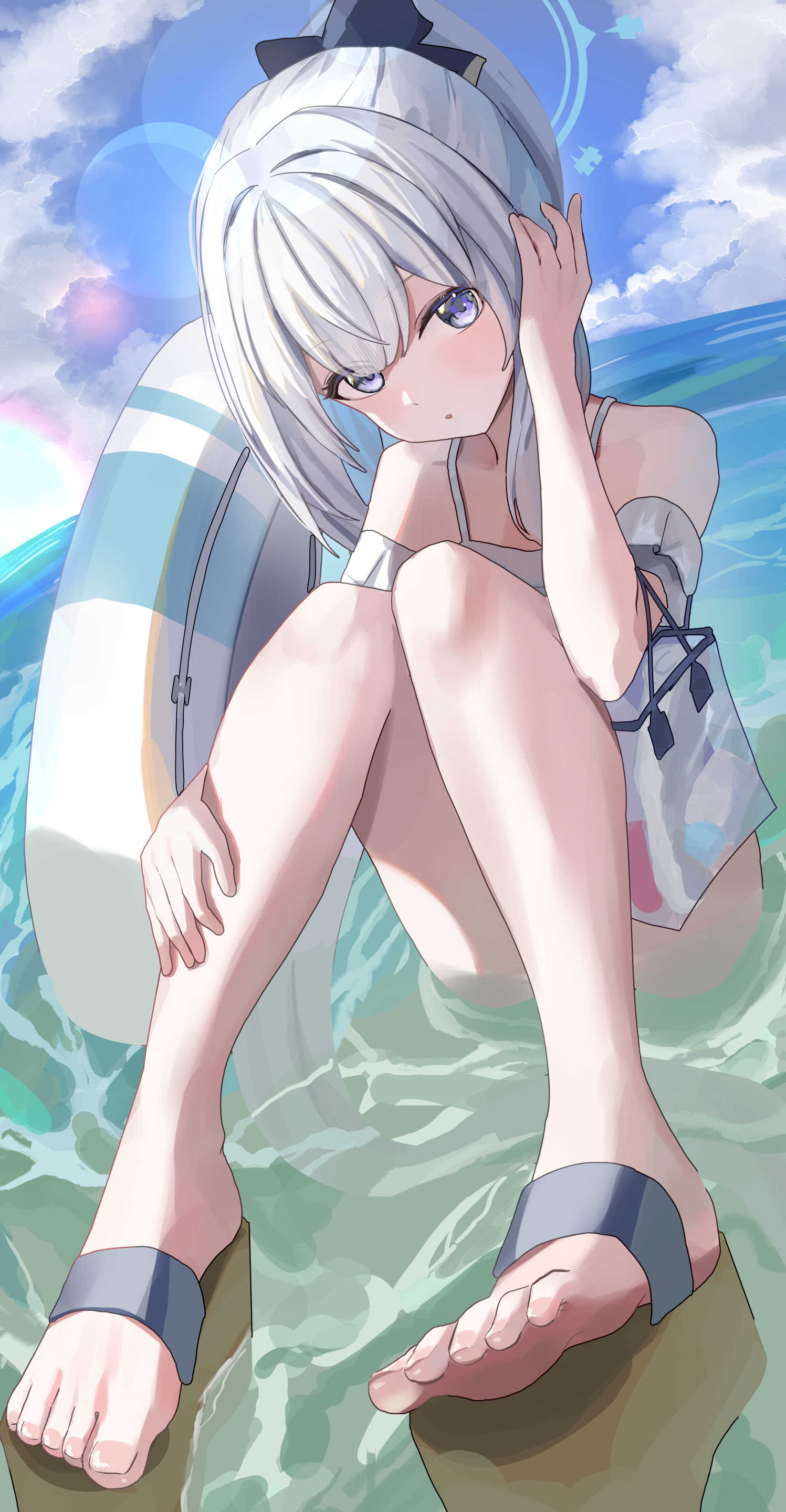 1girl absurdres bare_arms bare_shoulders blue_archive blue_halo blush day frilled_one-piece_swimsuit frills grey_hair guree_(haiiro) halo highres innertube long_hair looking_at_viewer miyako_(blue_archive) miyako_(swimsuit)_(blue_archive) ocean off-shoulder_one-piece_swimsuit off_shoulder official_alternate_costume one-piece_swimsuit outdoors parted_lips ponytail purple_eyes sandals solo swimsuit toes water