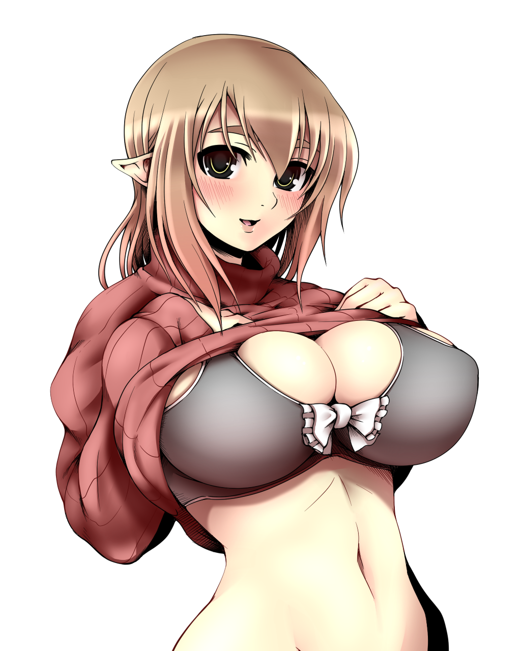 1girl black_bra blush bow bra breasts brown_eyes cleavage commentary_request haseru_(ginku_mh) highres large_breasts looking_at_viewer navel open_mouth original pointy_ears simple_background skindentation solo sweater underwear upper_body white_background white_bow
