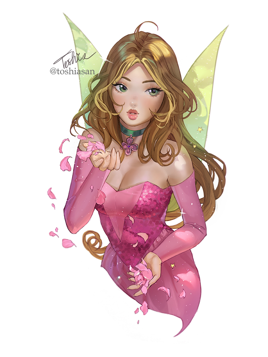 1girl bare_shoulders breasts brown_hair choker cleavage dark-skinned_female dark_skin detached_sleeves dress fairy fairy_wings flora_(winx_club) green_choker green_eyes green_wings highres large_breasts long_hair looking_at_viewer parted_lips petals pink_dress pink_sleeves sparkle_print star_(symbol) toshiasan wavy_hair wings winx_club