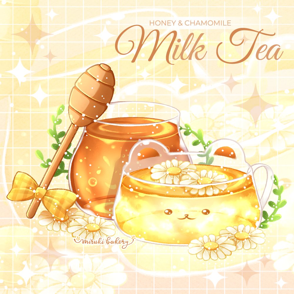 artist_name bow chamomile chocomiruki commentary_request daisy english_text fern flower food_focus grid_background honey honey_dipper jar no_humans original plaid plaid_bow projected_inset sparkle white_flower yellow_background yellow_bow