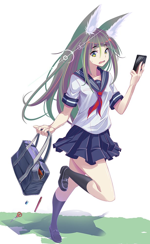 1girl alternate_costume animal_ear_fluff animal_ears bag black_hair blue_skirt blunt_bangs carrying_bag comiket_94 dropping full_body gradient_eyes green_hair holding holding_phone kitsunegasaki_tametsugu_(tenka_hyakken) kneehighs kurukuru_(p!) light_particles loafers long_hair long_sleeves multicolored_eyes multicolored_hair open_mouth partially_unzipped phone pleated_skirt raised_eyebrows running sailor_collar school_bag school_uniform shadow shirt shoes skirt sleeve_cuffs socks solo stationery streaked_hair sweatdrop tenka_hyakken white_background white_shirt