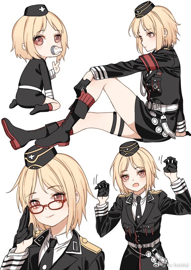 1girl :o aged_down armband belt bespectacled black_footwear black_gloves black_headwear black_jacket black_necktie blonde_hair blush boots brown_eyes claw_pose closed_mouth commentary_request garrison_cap girls'_frontline glasses gloves haijin half_gloves hands_up hat jacket kneeling korean_commentary leg_up legs long_sleeves looking_at_viewer medium_hair military_uniform motion_lines mp40_(girls'_frontline) multiple_views necktie open_mouth red-framed_eyewear red_armband red_socks reichsadler shirt simple_background sitting smile socks thigh_strap third-party_source uniform weibo_logo weibo_username white_background white_belt white_shirt