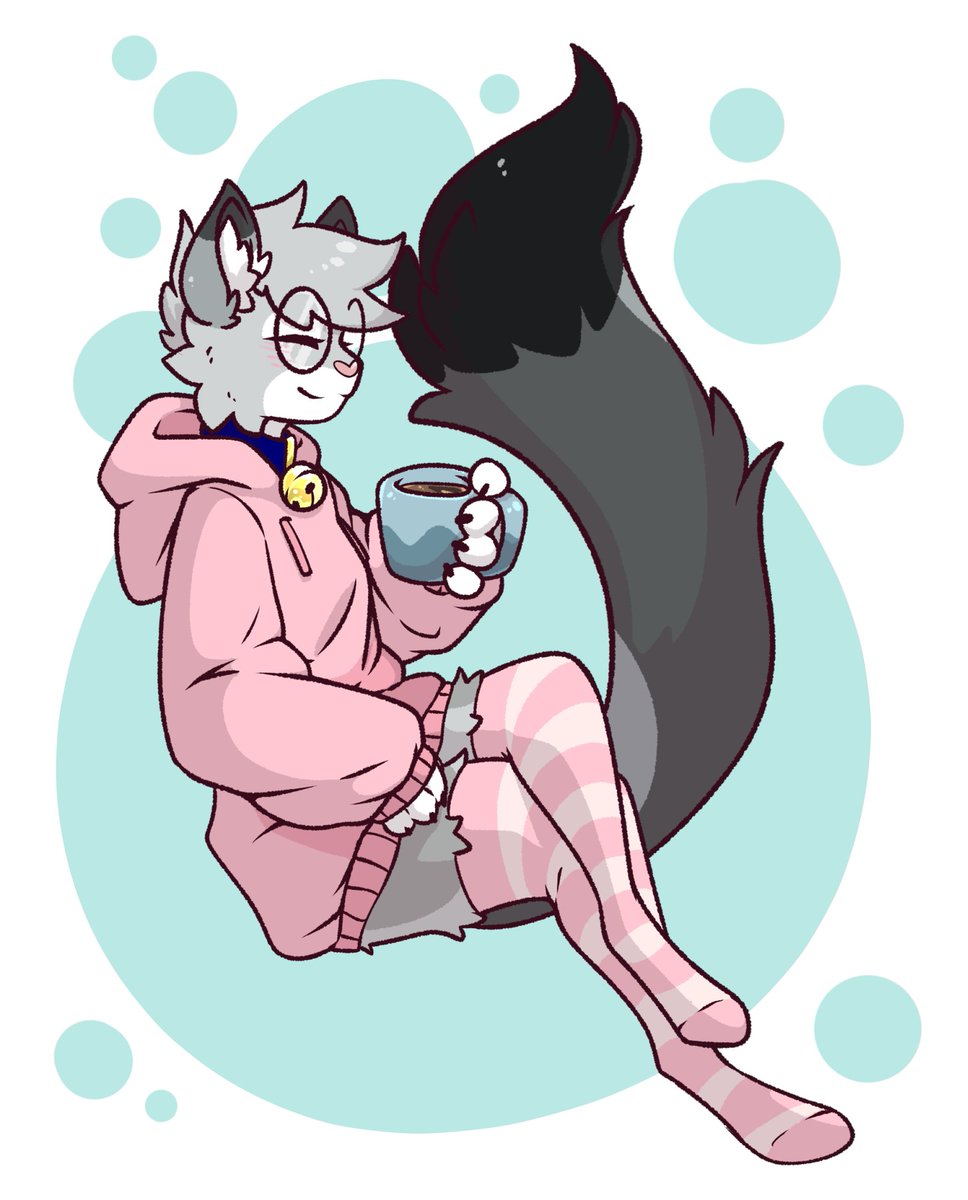 anthro bell bell_collar beverage big_tail blue_collar blush clothed clothing coffee coffee_cup coffee_mug collar container cup digital_media_(artwork) dipstick_ears dipstick_tail domestic_cat egyptian_mau eyewear felid feline felis footwear fur glasses gold_bell grey_body hair happy hi_res holding_object honeytongue hoodie leg_warmers legwear male mammal markings multicolored_ears nixuelle oversized_hoodie pattern_clothing pattern_legwear pink_clothing pink_hoodie pink_nose pink_topwear simple_background socks solo striped_clothing striped_legwear stripes tail tail_markings thigh_high_stockings thigh_highs thigh_socks topwear