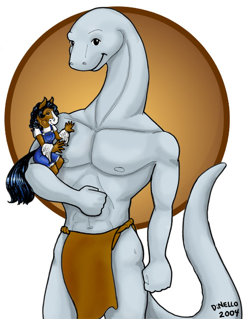 2004 abs anthro apatosaurus astor beerhorse bottomwear brown_bottomwear brown_clothing brown_loincloth clothing dalia_(beerhorse) denim denim_clothing denim_overalls dinosaur diplodocid duo female holding_character loincloth long_neck long_tail looking_at_viewer macro male mostly_nude muscular navel nipples pecs reptile sauropod scalie standing tail