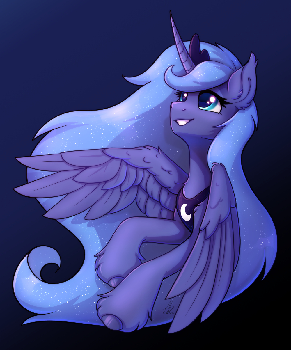 argigen blue_background blue_body blue_eyes blue_feathers blue_fur blue_hair blue_hooves crown ear_tuft equid equine feathered_wings feathers female feral friendship_is_magic fur hair hasbro headgear hi_res hooves horn leg_tuft long_hair looking_up mammal my_little_pony princess_luna_(mlp) simple_background solo tuft winged_unicorn wings