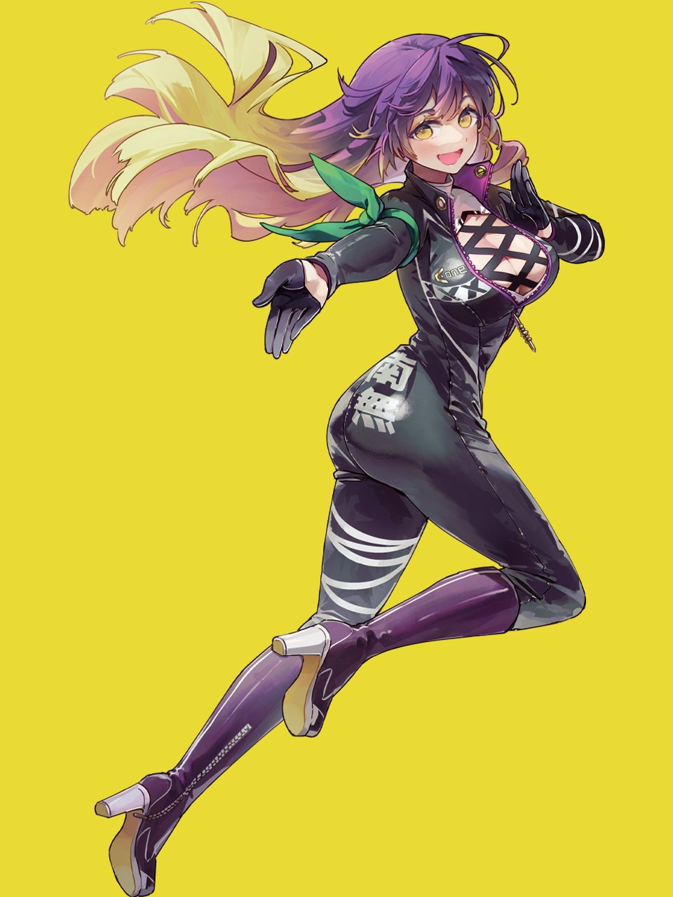 1girl bodysuit boots breasts cleavage commentary_request cross-laced_clothes gloves gradient_hair high_heel_boots high_heels highres hijiri_byakuren large_breasts long_hair looking_at_viewer multicolored_hair purple_hair second-party_source simple_background smile solo syuri22 touhou turbo_byakuren yellow_background