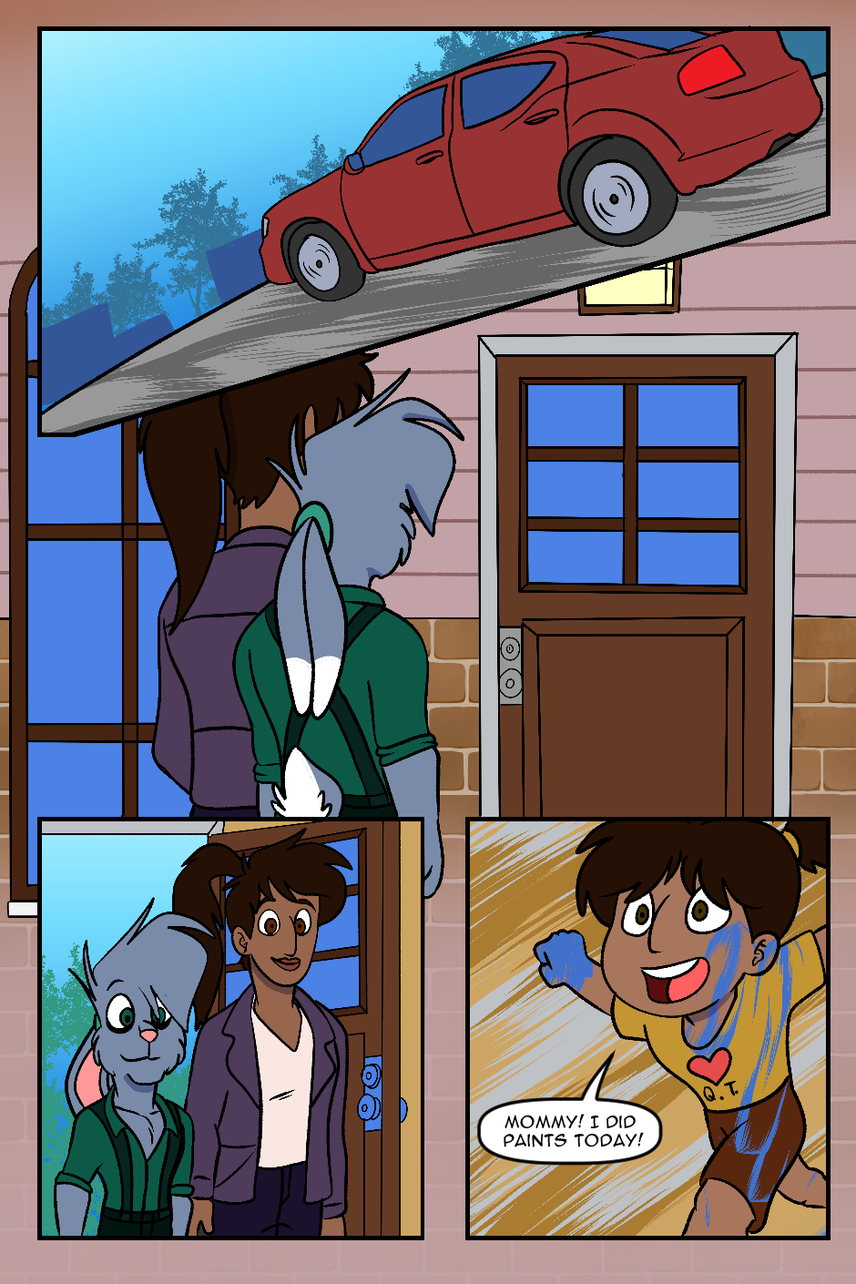 &lt;3 2022 4_panel_comic anthro blue_paint bottomwear brown_bottomwear brown_clothing brown_eyes brown_hair brown_shorts chance_the_rabbit child clothing comic dark_body dark_hair dark_shirt dark_skin daughter_(lore) divine_acid door doorway driving ears_tied_back english_text female fur green_clothing green_eyes green_hairband green_shirt green_topwear grey_body grey_fur grey_hair group hair heart_print hi_res human karishma_(divine_acid) lagomorph leporid lordmarukio male mammal mother_(lore) mother_and_child_(lore) mother_and_daughter_(lore) motion_blur niece_(lore) paint parent_(lore) parent_and_child_(lore) parent_and_daughter_(lore) person_of_color pink_hairband purple_clothing purple_shirt purple_topwear rabbit red_car road running shirt shorts smile suspenders tan_clothing tan_shirt tan_topwear text topwear trio uncle_(lore) uncle_and_niece_(lore) young young_female zahira_(divine_acid)