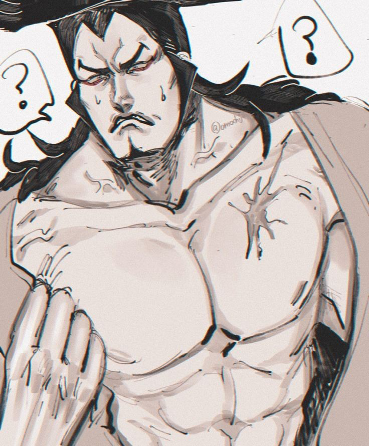 1boy abs bara black_hair confused eyeliner facial_hair food frown goatee hand_on_own_chest hot japanese_clothes kimono kouzuki_oden long_hair makeup male_focus manly mature_male muscular muscular_male nipples nude oden one_piece red_eyeliner samurai scar scar_on_chest sideburns staring sweat teeth undressing veins