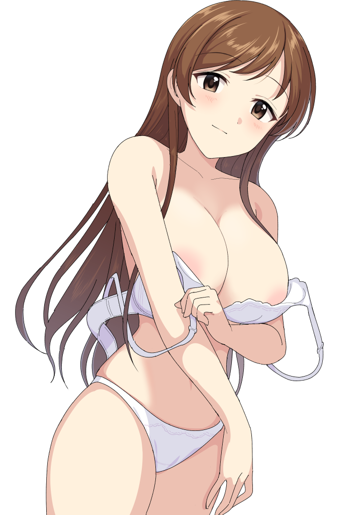 1girl areola_slip bare_shoulders bra bra_pull breasts brown_eyes brown_hair cleavage closed_mouth clothes_pull cowboy_shot crotch_seam idolmaster idolmaster_cinderella_girls large_breasts light_blush light_smile long_hair looking_at_viewer navel nitta_minami open_bra panties perapera simple_background solo standing underwear underwear_only undressing white_background white_bra white_panties