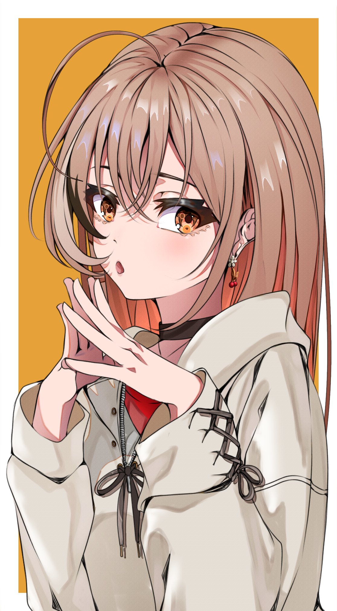 1girl ahoge berry black_choker brown_eyes brown_hair brown_hoodie choker earrings food-themed_earrings highres hololive hololive_english hood hoodie jewelry long_hair mouchu multicolored_hair nanashi_mumei necklace official_alternate_costume open_mouth oversized_clothes own_hands_together red_shirt shirt simple_background streaked_hair virtual_youtuber