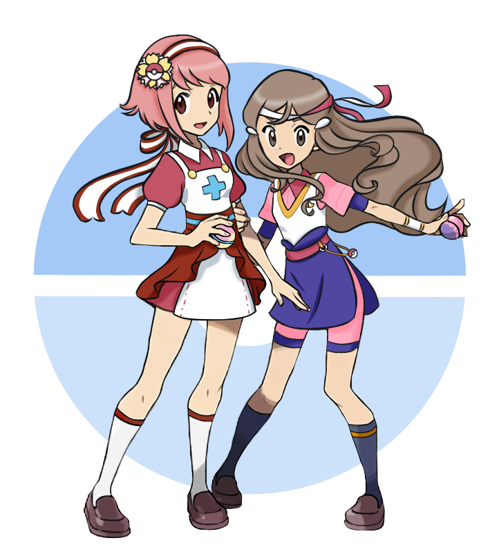 2girls belt blue_socks brown_eyes brown_footwear brown_hair dot_nose english_commentary fire_emblem fire_emblem_fates hana_(fire_emblem) headband holding holding_poke_ball long_hair looking_at_viewer lumi_teacup multiple_girls open_mouth parody pink_hair poke_ball pokemon sakura_(fire_emblem) shoes short_hair smile socks style_parody white_background white_socks