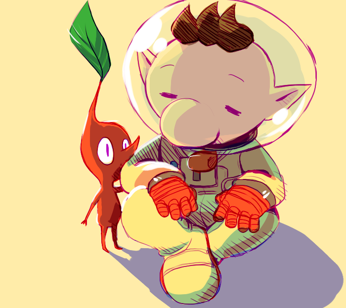 1boy big_nose brown_hair buttons closed_eyes colored_skin commentary doemoes english_commentary full_body gloves hand_on_another's_arm height_difference helmet leaf looking_at_another male_focus no_mouth olimar pikmin_(creature) pikmin_(series) pointy_ears pointy_nose purple_eyes red_gloves red_pikmin red_skin shadow short_hair sitting space_helmet spacesuit very_short_hair whistle yellow_background