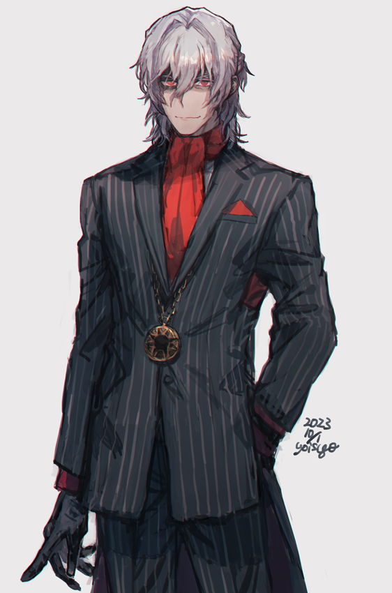 1boy 2023 antonio_salieri_(fate) antonio_salieri_(second_ascension)_(fate) ascot black_gloves black_suit commentary dated empty_eyes english_commentary fate/grand_order fate_(series) formal gloves grey_hair looking_at_viewer male_focus medallion oisyox72 pinstripe_pattern pinstripe_suit red_ascot red_eyes signature simple_background smile solo striped suit upper_body white_background