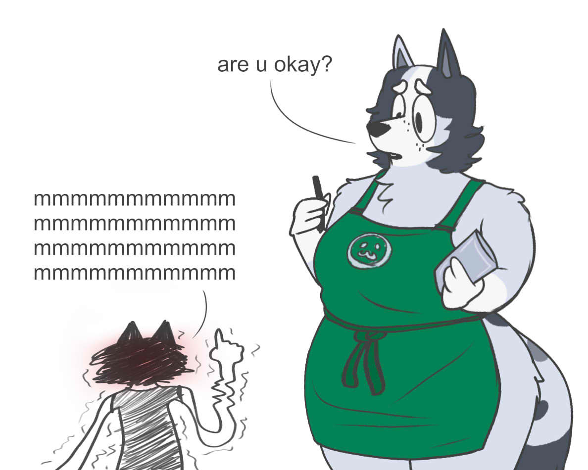 anthro apron apron_only australian_cattle_dog belly big_breasts big_butt black_hair bluey_(series) blush breasts butt canid canine canis cattledog chubby_belly chubby_female clothed clothing container cup cute_expression dialogue digital_drawing_(artwork) digital_media_(artwork) domestic_dog duo english_text eyebrows felid feline female fur green_apron grey_body grey_fur hair herding_dog holding_container holding_cup holding_object holding_pen i_mean_breast_milk leopard male male/female mammal meme mostly_nude nervous open_mouth pantherine pastoral_dog pen shaking shivering simple_background size_difference skinny skinny_male slightly_chubby text thick_thighs trixie_(bluey) tunk tunk_saray_lovesta white_background white_body white_fur wide_hips worried_look